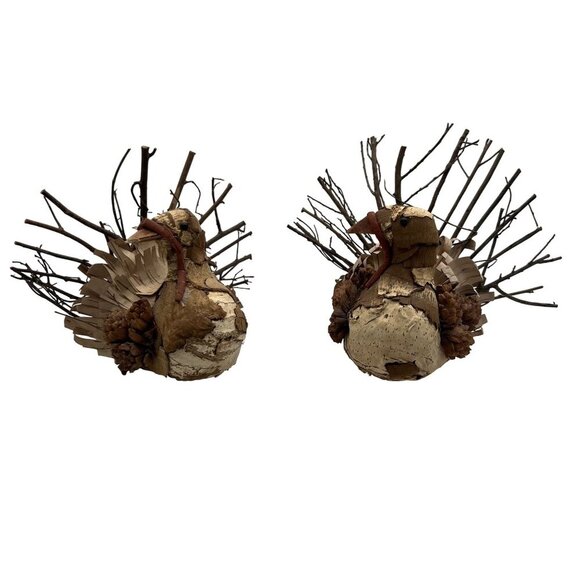 Vintage Handmade Set Rustic Turkey Figurines Bark Pinecone Folk Art Thanksgiving - Picture 1 of 16